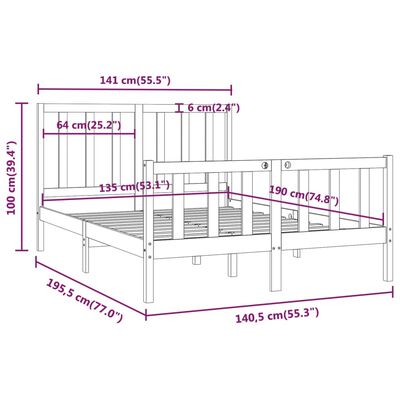 vidaXL Cadre de lit Noir Bois massif 135x190 cm Double