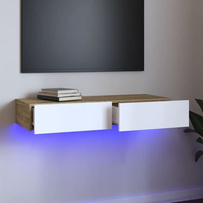 vidaXL Meuble TV avec lumières LED Blanc et chêne sonoma 90x35x15,5 cm