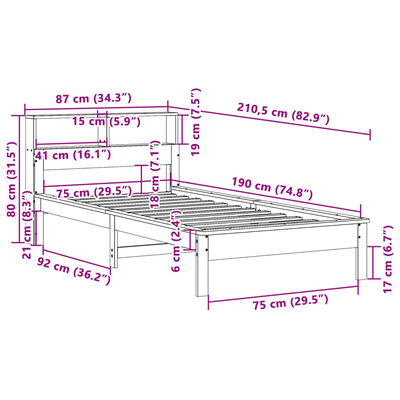 vidaXL Lit bibliothèque sans matelas blanc 75x190cm bois de pin massif