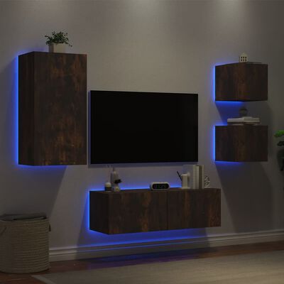 vidaXL Meuble TV muraux 4 pcs avec lumières LED chêne fumé