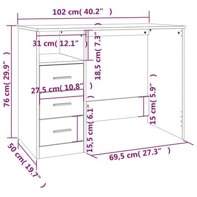 vidaXL Bureau et tiroirs Blanc brillant 102x50x76 cm Bois d'ingénierie