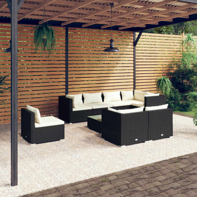 vidaXL Salon de jardin 9 pcs avec coussins Résine tressée Noir