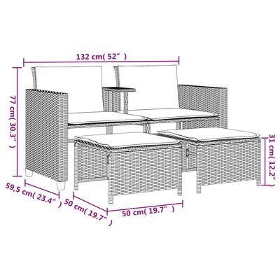 vidaXL Canapé de jardin 2 places avec table et tabourets noir rotin