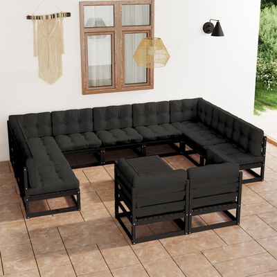 vidaXL Salon de jardin 12 pcs avec coussins Noir Bois de pin massif