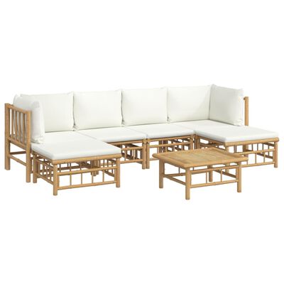 vidaXL Salon de jardin 7 pcs avec coussins blanc crème bambou