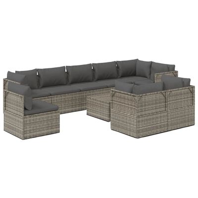 vidaXL Salon de jardin 10 pcs avec coussins Gris Résine tressée