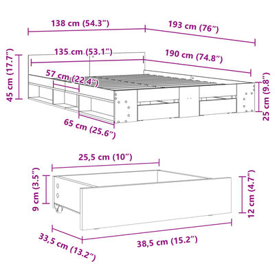 vidaXL Cadre de lit avec tiroirs noir 135x190 cm bois d'ingénierie