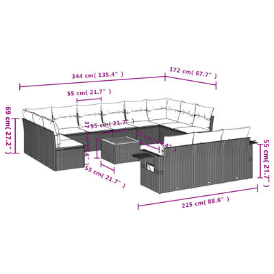 vidaXL Salon de jardin avec coussins 14 pcs gris résine tressée