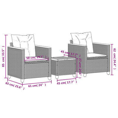 vidaXL Ensemble de bistro 3 pcs et coussins noir résine tressée acacia