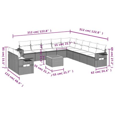 vidaXL Salon de jardin avec coussins 12 pcs gris résine tressée