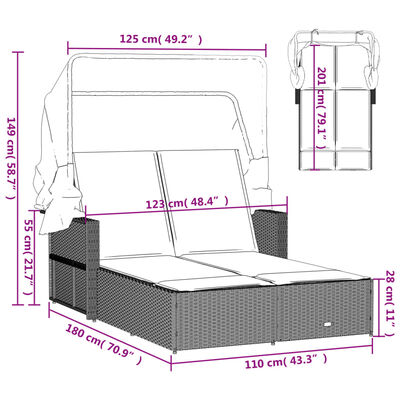 vidaXL Chaise longue double avec auvent et coussins beige poly rotin