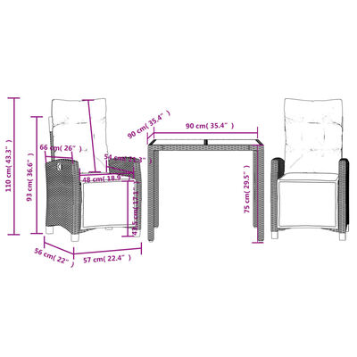 vidaXL Ensemble à manger de jardin avec coussins 3 pcs Noir