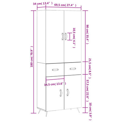 vidaXL Buffet haut Gris béton 69,5x34x180 cm Bois d'ingénierie