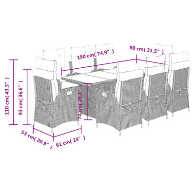 vidaXL Ensemble à manger de jardin 9 pcs coussins gris résine tressée