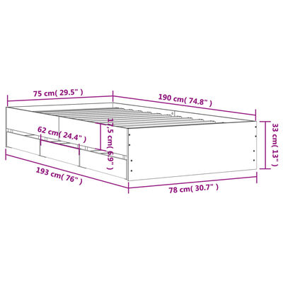 vidaXL Cadre de lit et tiroirs chêne fumé 75x190 cm bois d'ingénierie