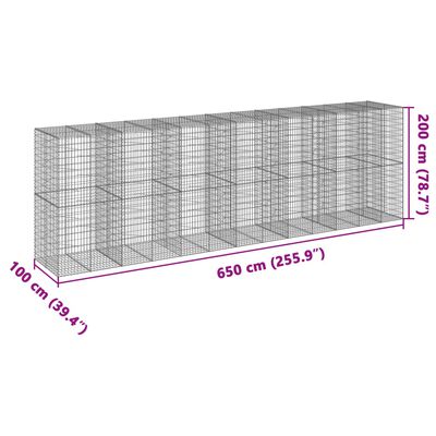 vidaXL Panier gabion avec couvercle 650x100x200 cm fer galvanisé