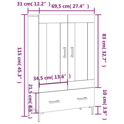 vidaXL Buffet haut blanc brillant 69,5x31x115 cm bois d'ingénierie