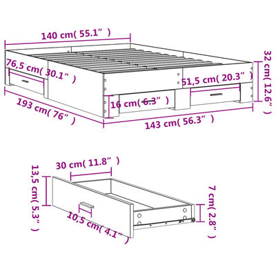 vidaXL Cadre de lit avec tiroirs sans matelas sonoma gris 140x190 cm