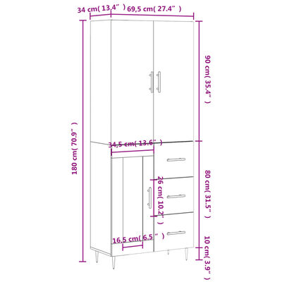 vidaXL Buffet haut Sonoma gris 69,5x34x180 cm Bois d'ingénierie