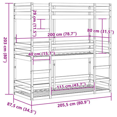 vidaXL Lit superposé triple sans matelas 80x200 cm bois de pin massif