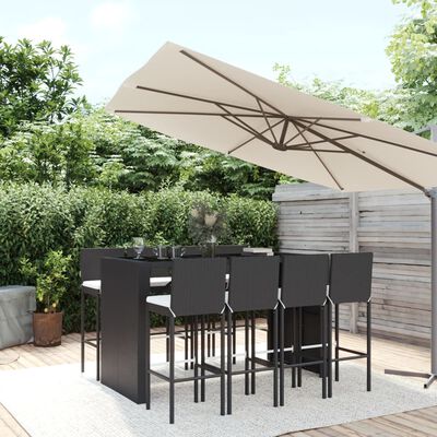 vidaXL Ensemble de bar de jardin 9 pcs avec coussins noir poly rotin