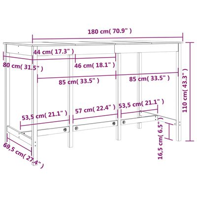 vidaXL Table de bar Marron miel 180x80x110 cm Bois massif de pin