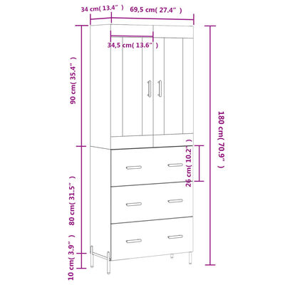 vidaXL Buffet haut Sonoma gris 69,5x34x180 cm Bois d'ingénierie