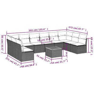 vidaXL Salon de jardin 11 pcs avec coussins noir résine tressée