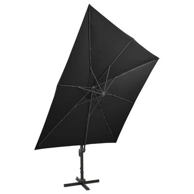 vidaXL Parasol de jardin en porte-à-faux et mât et lumières LED noir