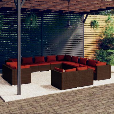 vidaXL Salon de jardin 13 pcs avec coussins Marron Résine tressée