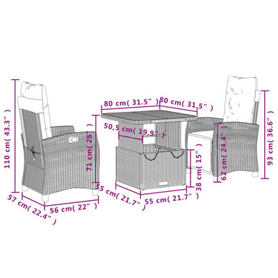 vidaXL Ensemble à manger de jardin 3 pcs coussins gris résine tressée