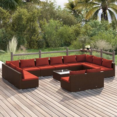 vidaXL Salon de jardin 13 pcs avec coussins Marron Résine tressée