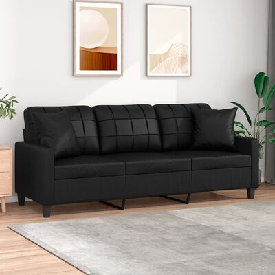 vidaXL Canapé 3 places avec oreillers décoratifs noir 180cm similicuir