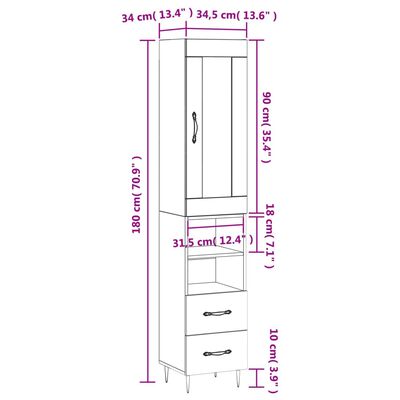 vidaXL Buffet haut Blanc brillant 34,5x34x180 cm Bois d'ingénierie