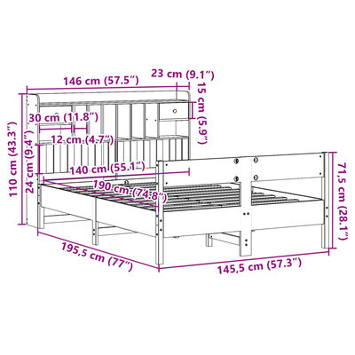 vidaXL Lit bibliothèque sans matelas cire marron 140x190 cm pin massif