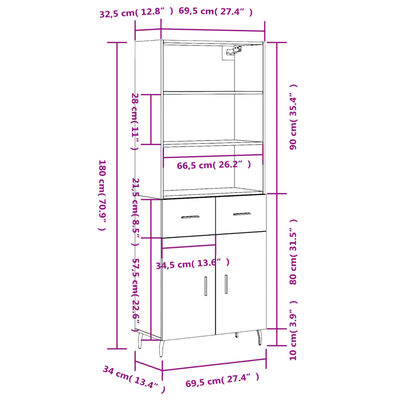 vidaXL Buffet haut Chêne sonoma 69,5x34x180 cm Bois d'ingénierie