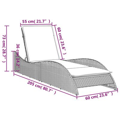 vidaXL Chaise longue avec coussin gris clair 60x205x73 cm poly rotin