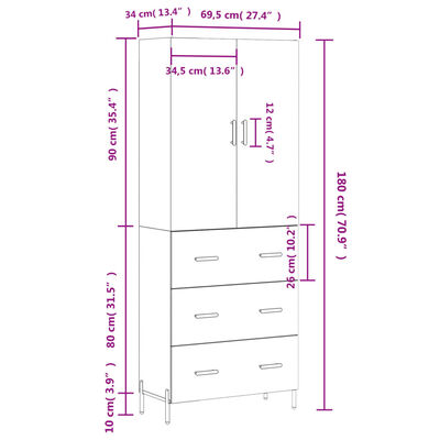 vidaXL Buffet haut Chêne marron 69,5x34x180 cm Bois d'ingénierie