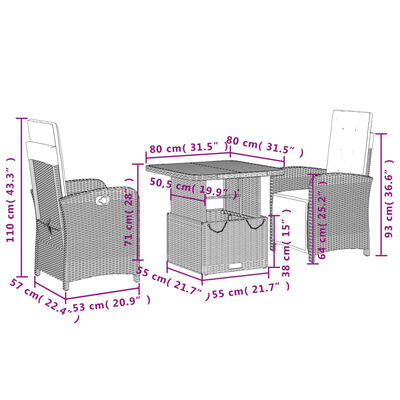 vidaXL Ensemble à manger de jardin avec coussins 3 pcs Noir