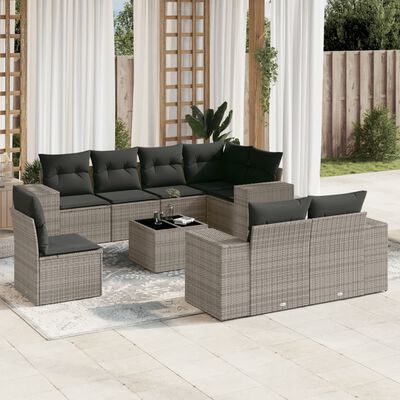 vidaXL Salon de jardin 9 pcs avec coussins gris résine tressée