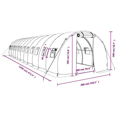 vidaXL Serre avec cadre en acier vert 36 m² 12x3x2 m