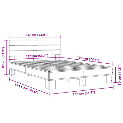 vidaXL Cadre de lit chêne marron 135x190 cm bois d'ingénierie et métal