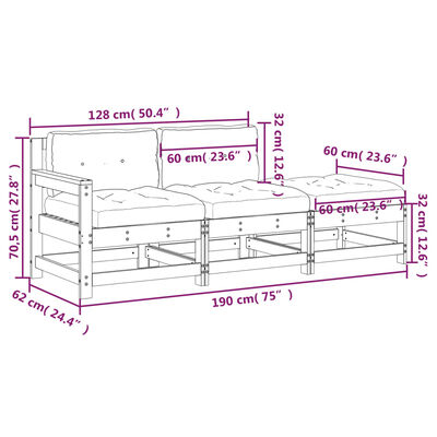 vidaXL Salon de jardin 3 pcs avec coussins noir bois massif