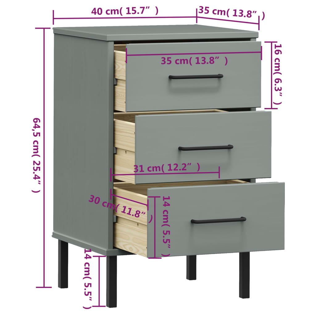 vidaXL Table de chevet avec pieds en métal Gris Bois pin massif OSLO