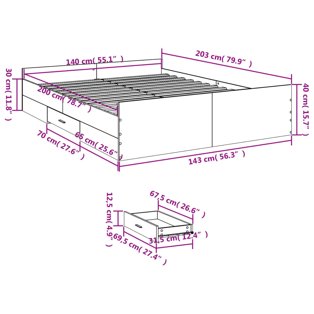 vidaXL Cadre de lit avec tiroirs sans matelas chêne fumé 140x200 cm