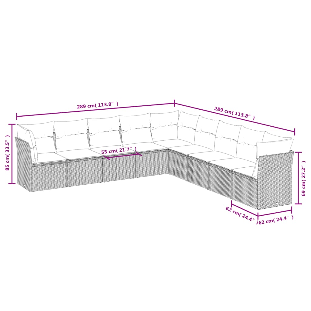 vidaXL Salon de jardin avec coussins 9 pcs marron résine tressée