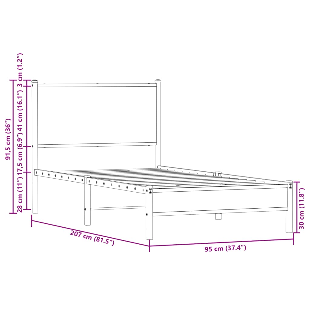 vidaXL Cadre de lit en métal avec tête de lit chêne marron 90x200 cm