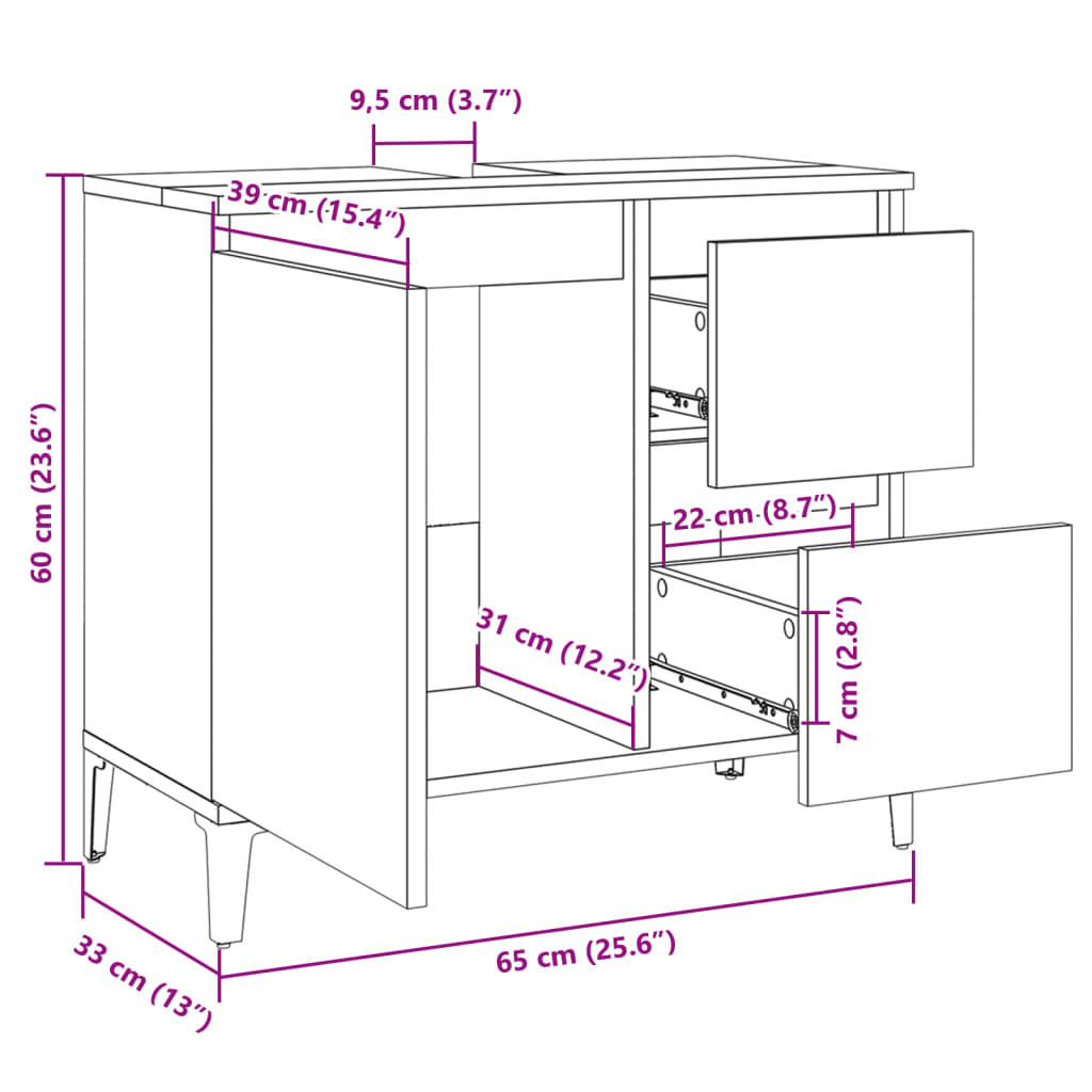 vidaXL Armoire salle de bain chêne sonoma 65x33x60 cm