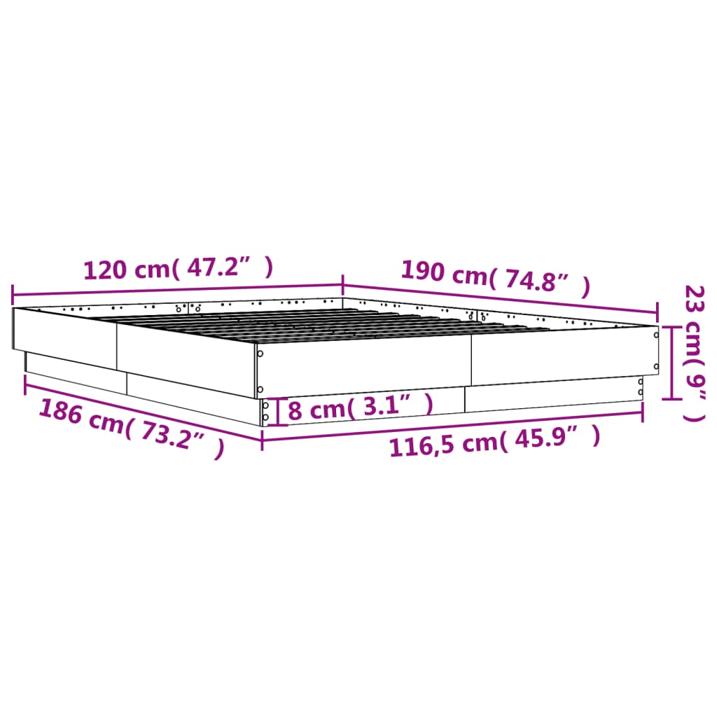 vidaXL Cadre de lit avec lumières LED gris béton 120x190 cm