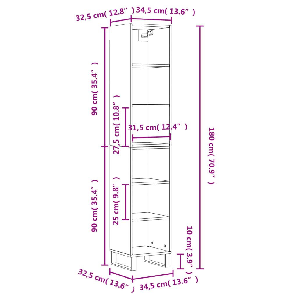 vidaXL Buffet haut Blanc brillant 34,5x32,5x180 cm Bois d'ingénierie